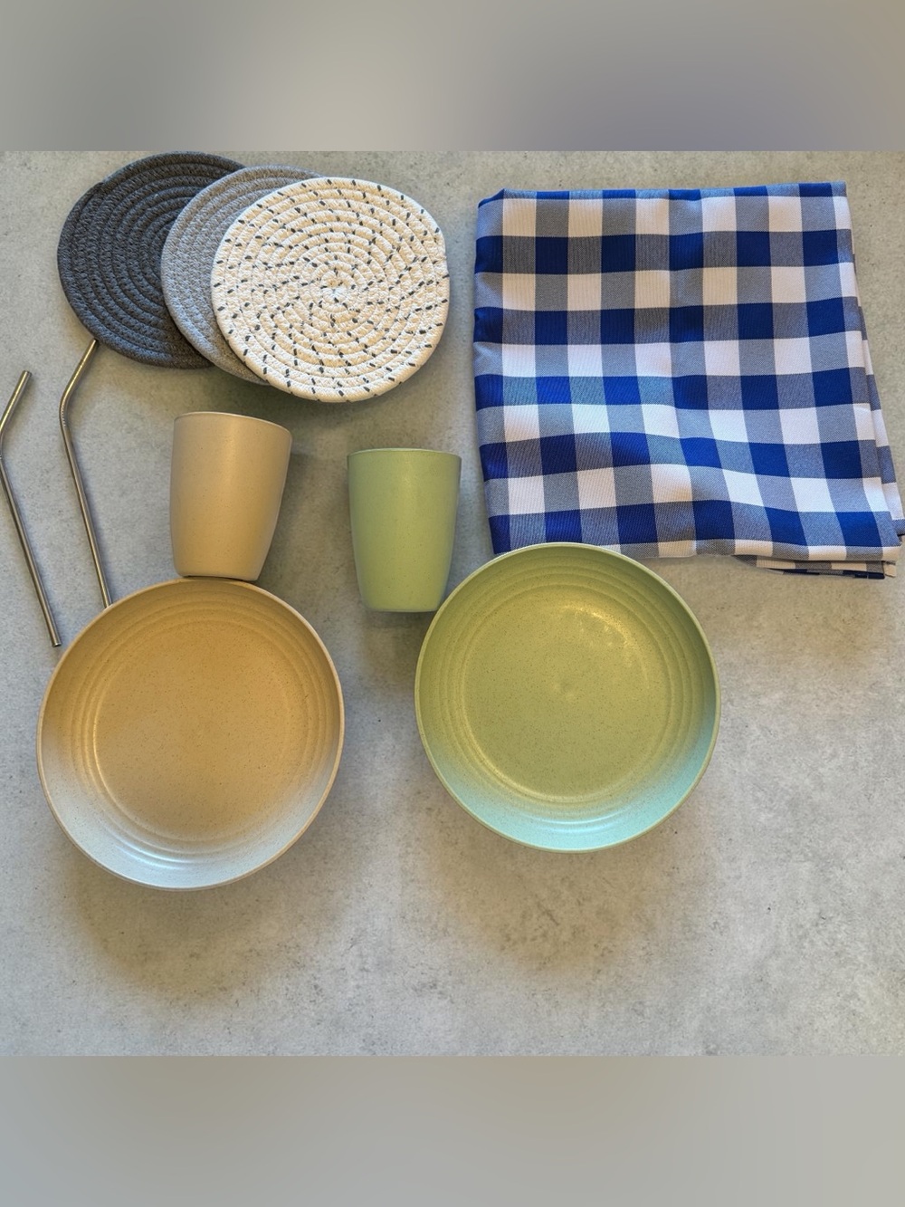 Kitchen Bundle Set Plates Cups Coasters Straws & Tablecloth Picnic Set,NIP